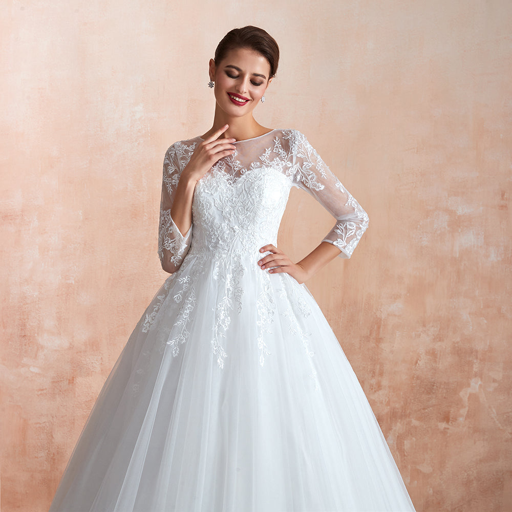 Vestido de Noiva Maravilhoso Comprido em Tule com Aplicações e Mangas em Corte em A