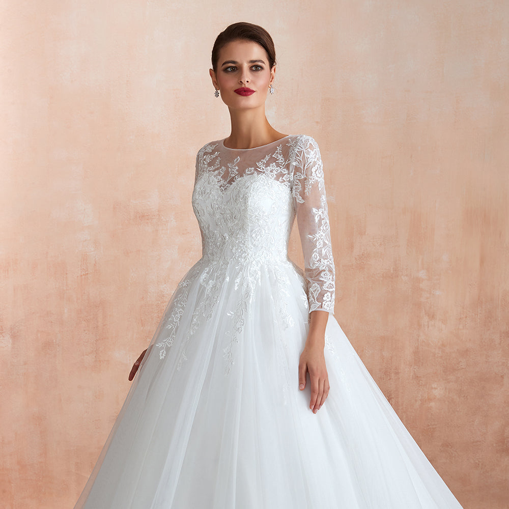 Vestido de Noiva Maravilhoso Comprido em Tule com Aplicações e Mangas em Corte em A