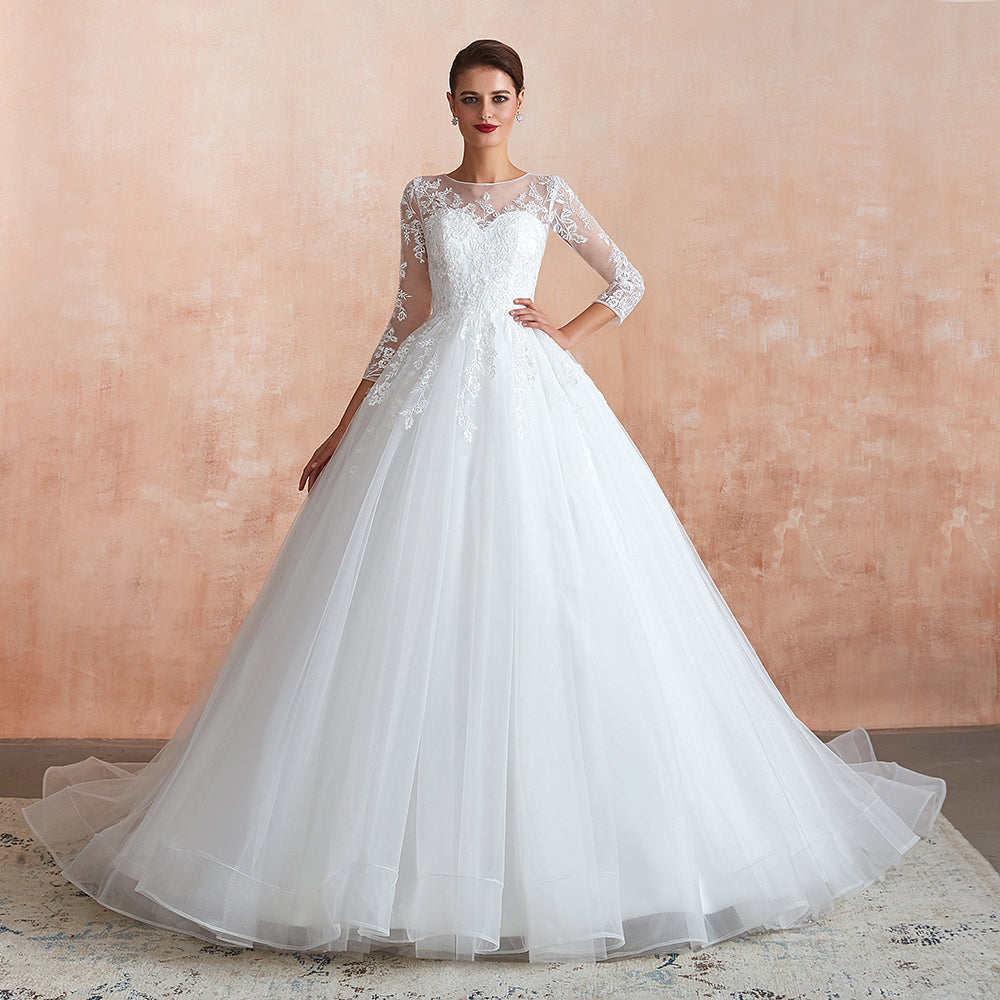 Vestido de Noiva Maravilhoso Comprido em Tule com Aplicações e Mangas em Corte em A