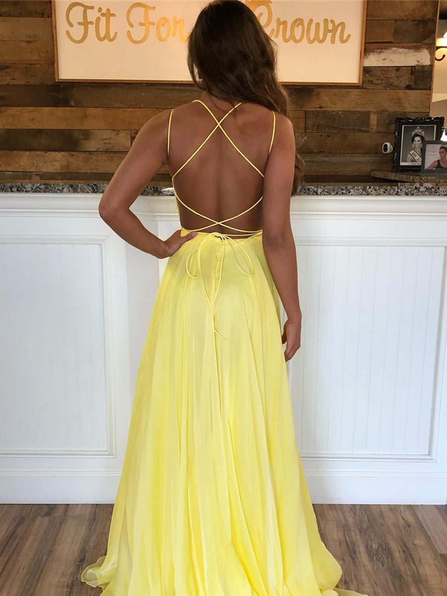Robe longue de bal formelle jaune en mousseline à paillettes, dos nu, coupe trapèze