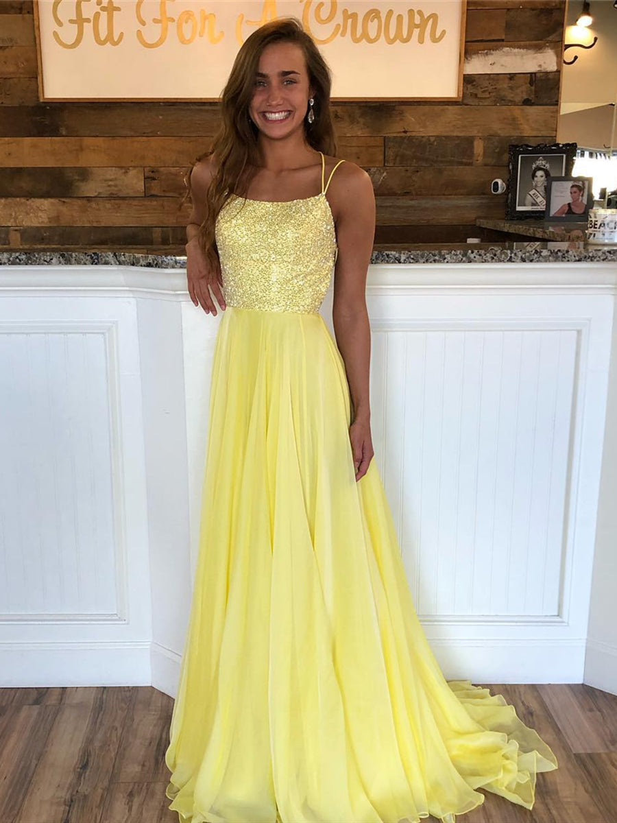 Robe longue de bal formelle jaune en mousseline à paillettes, dos nu, coupe trapèze