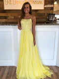 Robe longue de bal formelle jaune en mousseline à paillettes, dos nu, coupe trapèze