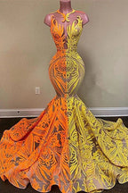 Vestido de Baile de Sereia Amarelo e Laranja com Renda Comprido em Promoção