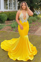 Vestidos de fiesta sirena hasta el suelo con encaje de apliques amarillos, escote en V y tirantes finos tipo espagueti