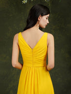 Gelbes Bateau-Ausschnitt A-Linien Chiffon Kleid mit Rüschen, Schlitz, bodenlang, Brautjungfernkleid mit Taschen