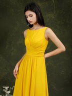 Gelbes Bateau-Ausschnitt A-Linien Chiffon Kleid mit Rüschen, Schlitz, bodenlang, Brautjungfernkleid mit Taschen
