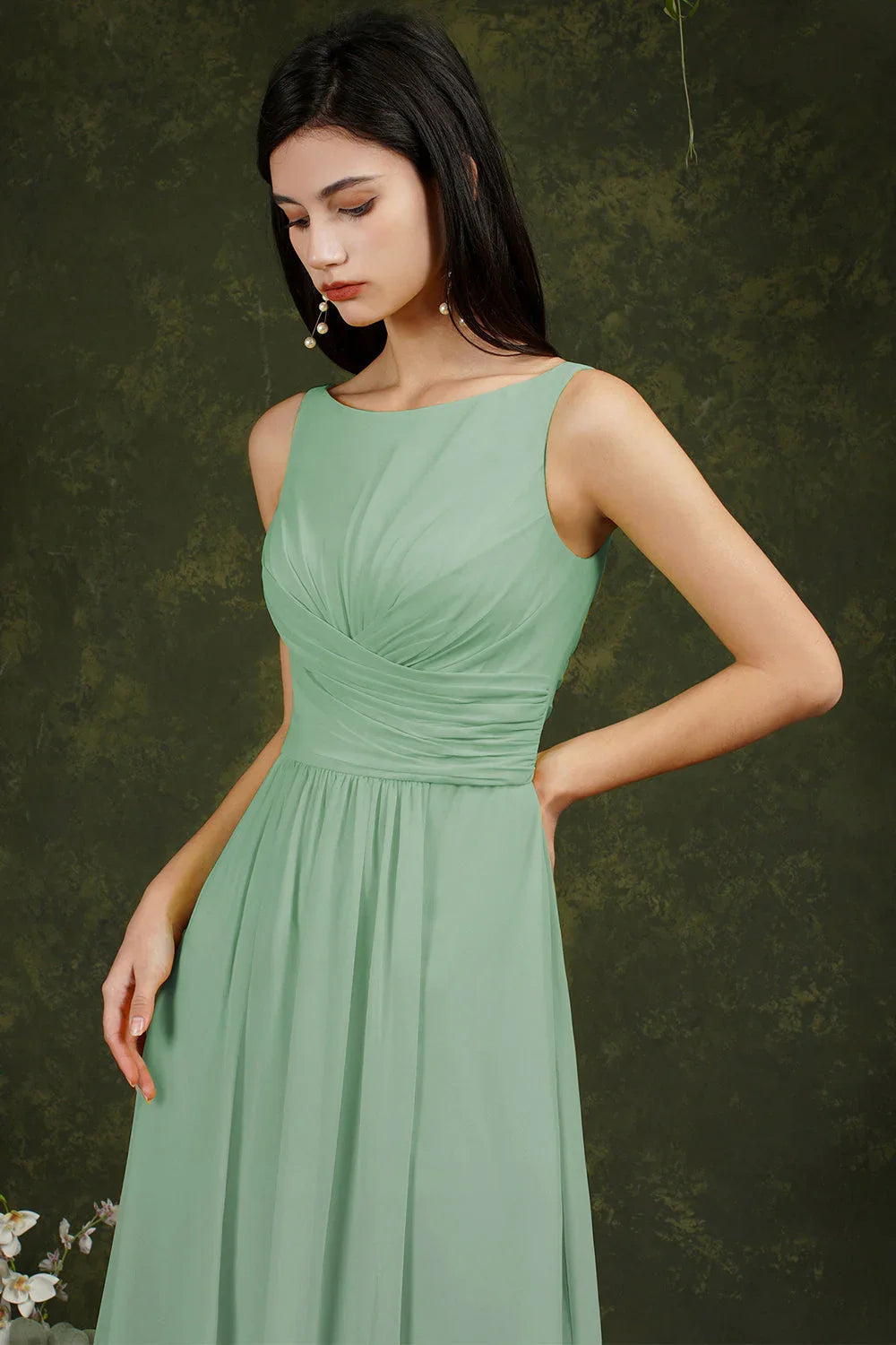 Gelbes Bateau-Ausschnitt A-Linien Chiffon Kleid mit Rüschen, Schlitz, bodenlang, Brautjungfernkleid mit Taschen