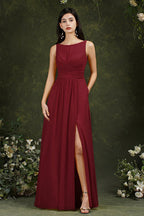 Gelbes Bateau-Ausschnitt A-Linien Chiffon Kleid mit Rüschen, Schlitz, bodenlang, Brautjungfernkleid mit Taschen