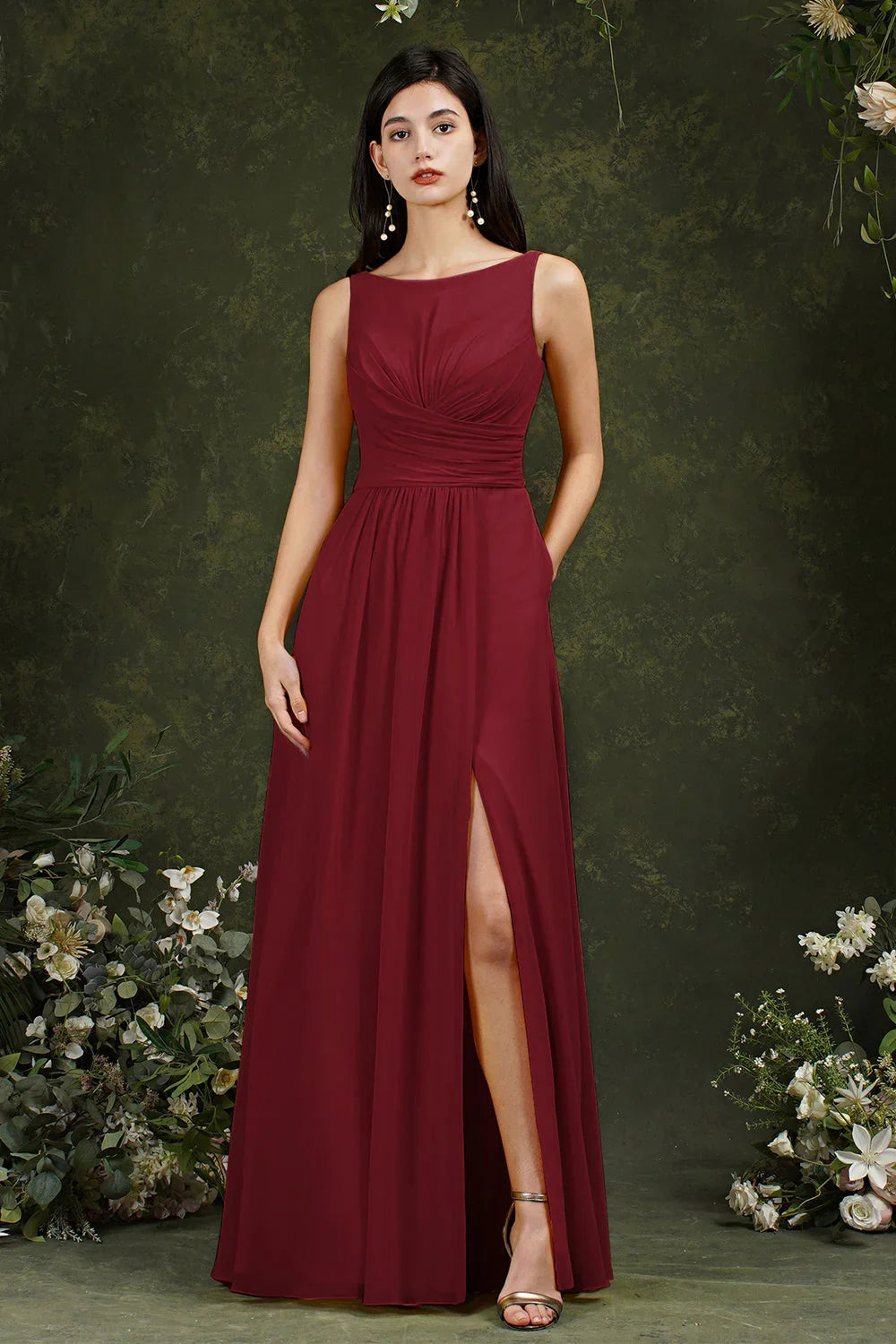 Gelbes Bateau-Ausschnitt A-Linien Chiffon Kleid mit Rüschen, Schlitz, bodenlang, Brautjungfernkleid mit Taschen