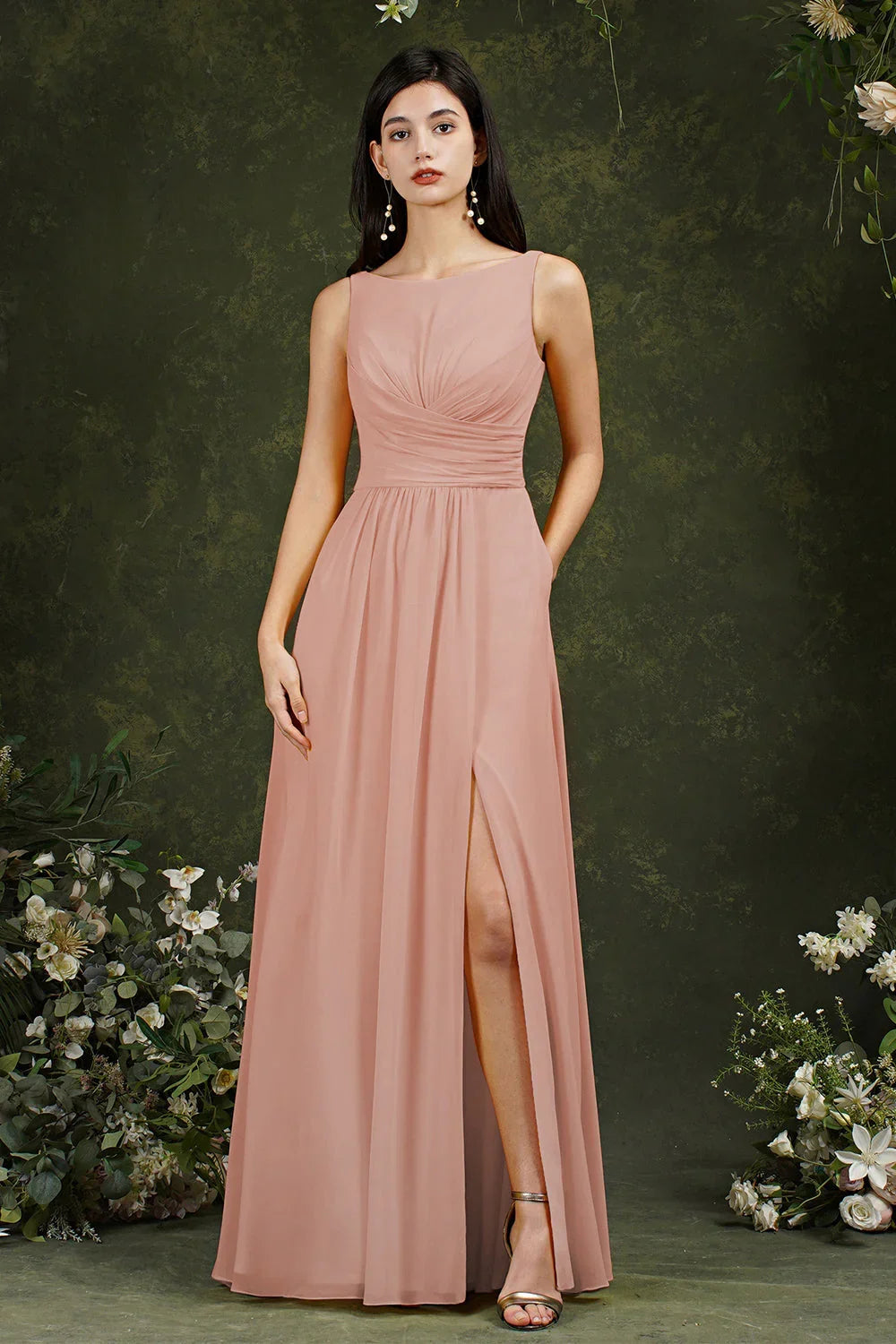 Gelbes Bateau-Ausschnitt A-Linien Chiffon Kleid mit Rüschen, Schlitz, bodenlang, Brautjungfernkleid mit Taschen