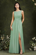 Gelbes Bateau-Ausschnitt A-Linien Chiffon Kleid mit Rüschen, Schlitz, bodenlang, Brautjungfernkleid mit Taschen