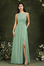 Gelbes Bateau-Ausschnitt A-Linien Chiffon Kleid mit Rüschen, Schlitz, bodenlang, Brautjungfernkleid mit Taschen