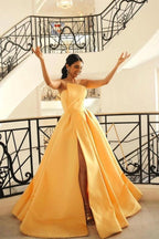 Vestido de baile de cetim amarelo vestido de baile sem alças plissado parte traseira do espartilho
