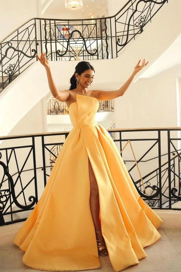 Vestido de baile de cetim amarelo vestido de baile sem alças plissado parte traseira do espartilho