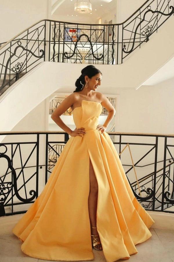 Vestido de baile de cetim amarelo vestido de baile sem alças plissado parte traseira do espartilho