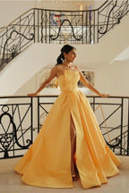 Vestido de baile de cetim amarelo vestido de baile sem alças plissado parte traseira do espartilho
