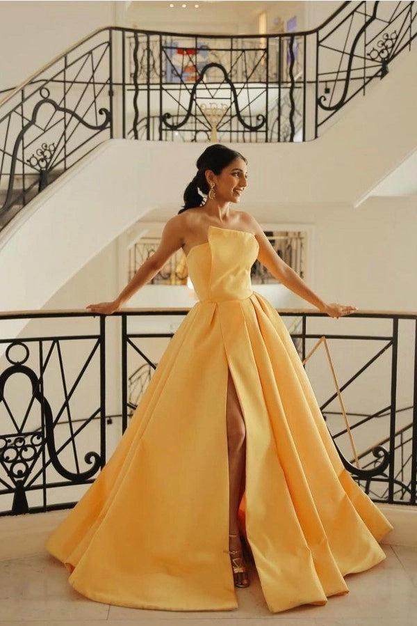 Vestido de baile de cetim amarelo vestido de baile sem alças plissado parte traseira do espartilho