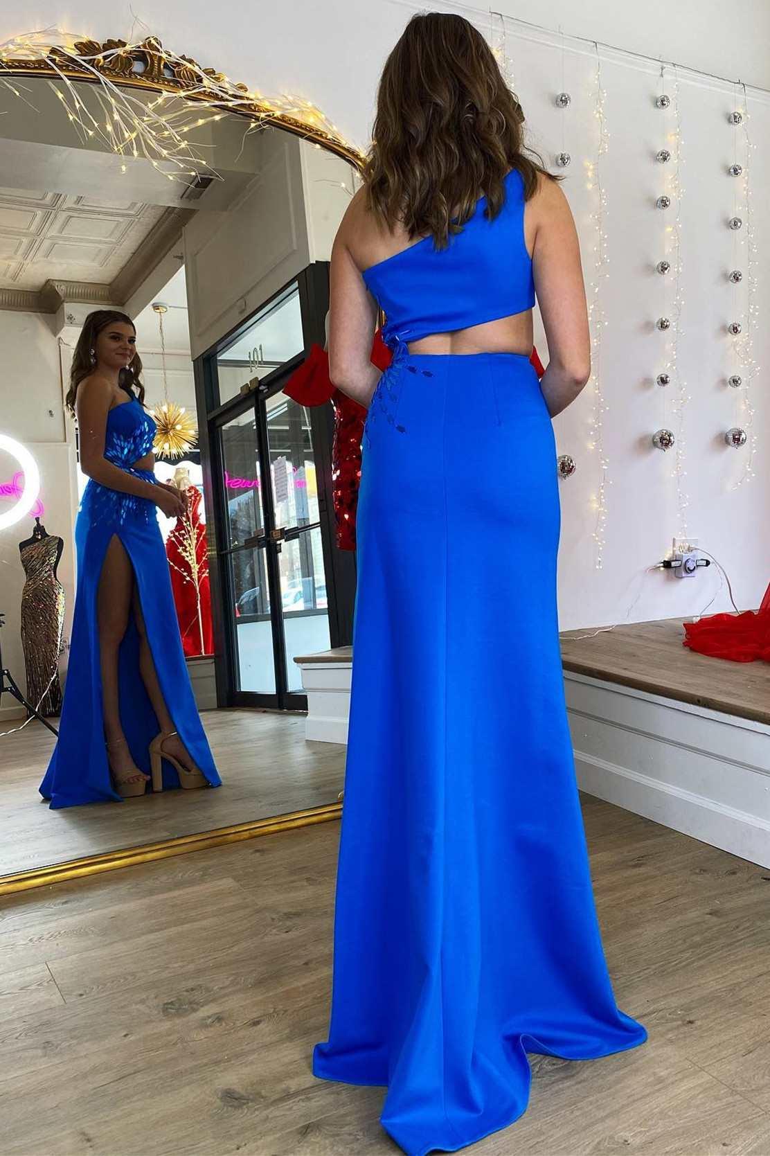 Yonderly | Vestido largo de gala azul real con un solo hombro, espejo de cristal tallado y abertura