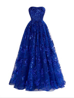 A Line Strapless Pleating Long Prom Dress With Applique