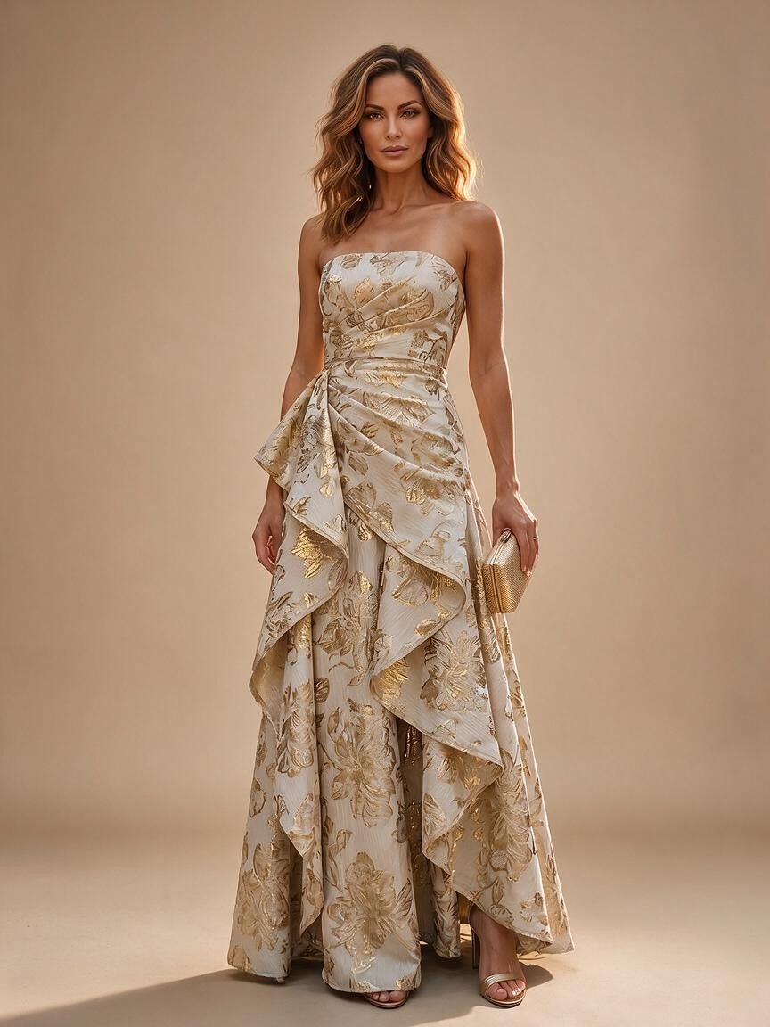 Jacquard A-Line/Princess Strapless Floor-Length Evening Dresses with Ruffles