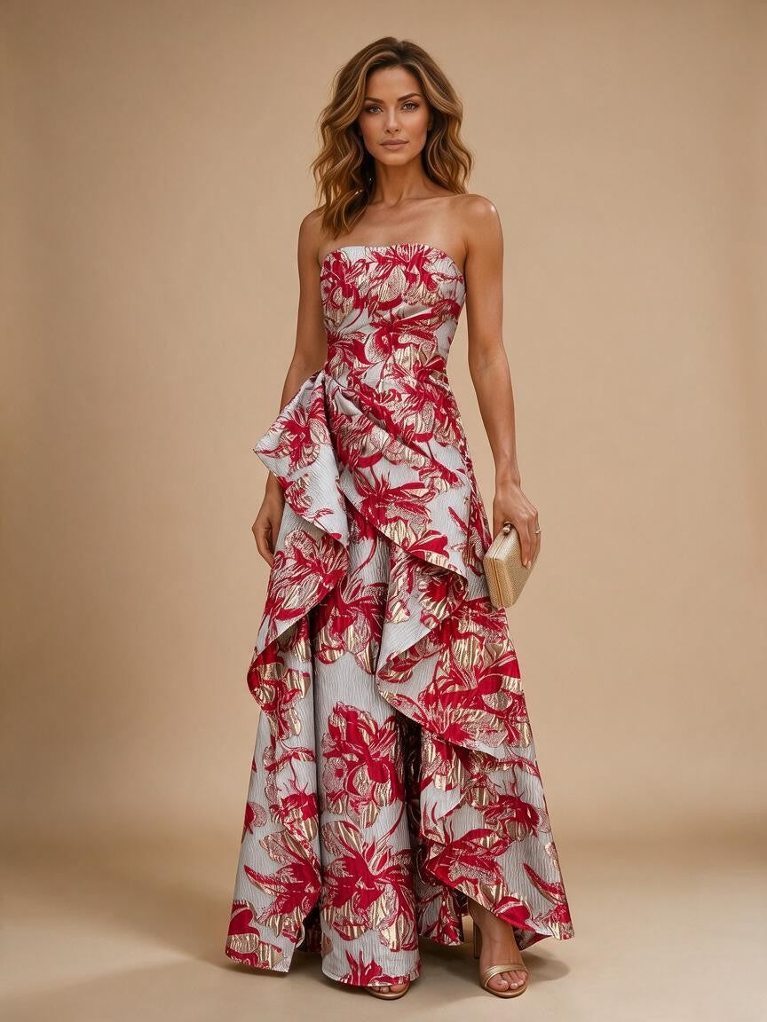 Jacquard A-Line/Princess Strapless Floor-Length Evening Dresses with Ruffles
