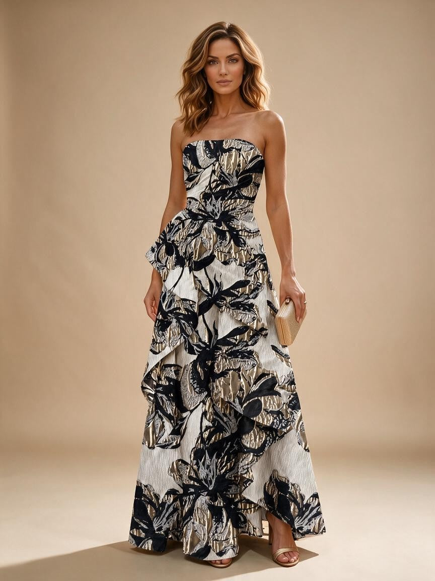 Jacquard A-Line/Princess Strapless Floor-Length Evening Dresses with Ruffles