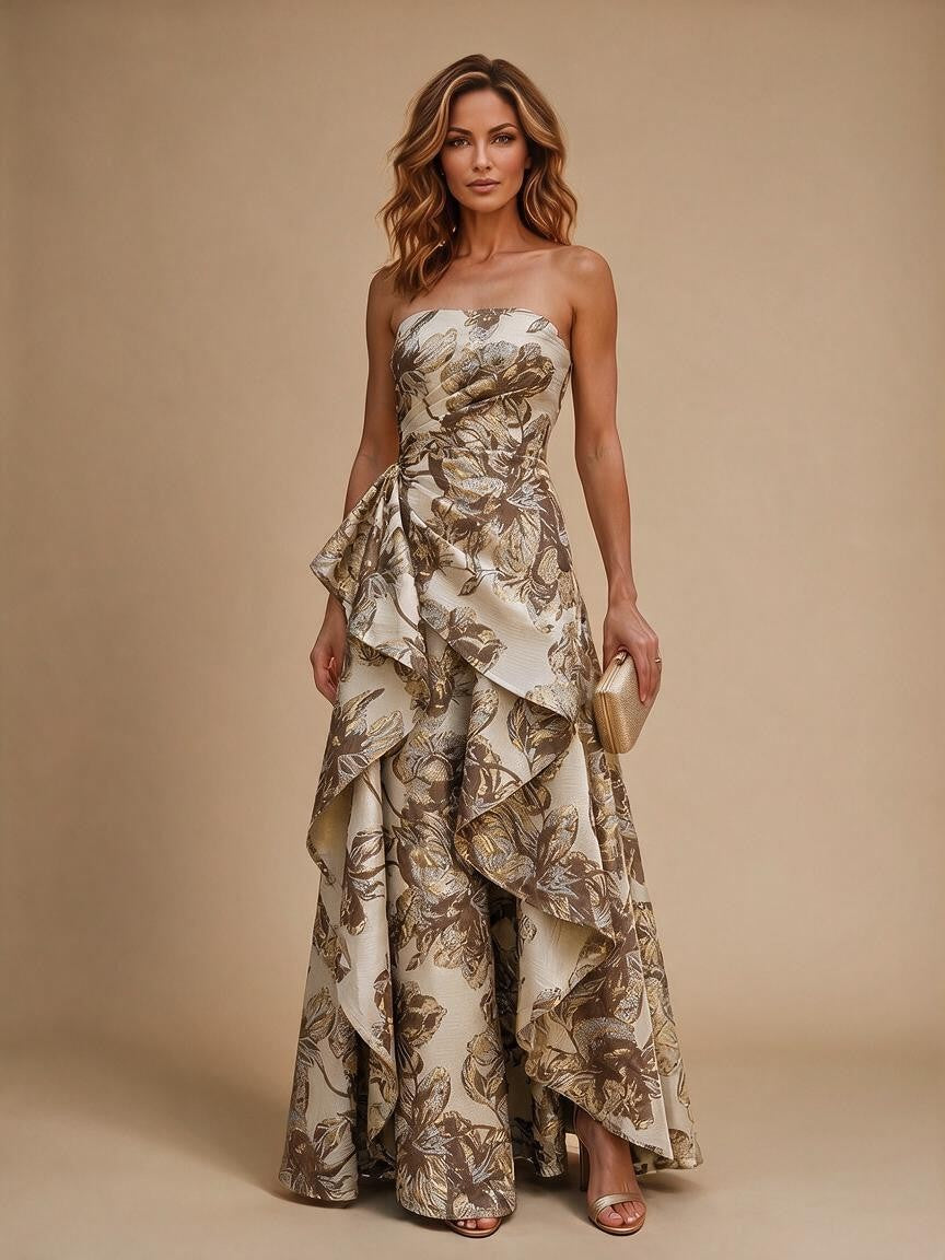 Jacquard A-Line/Princess Strapless Floor-Length Evening Dresses with Ruffles