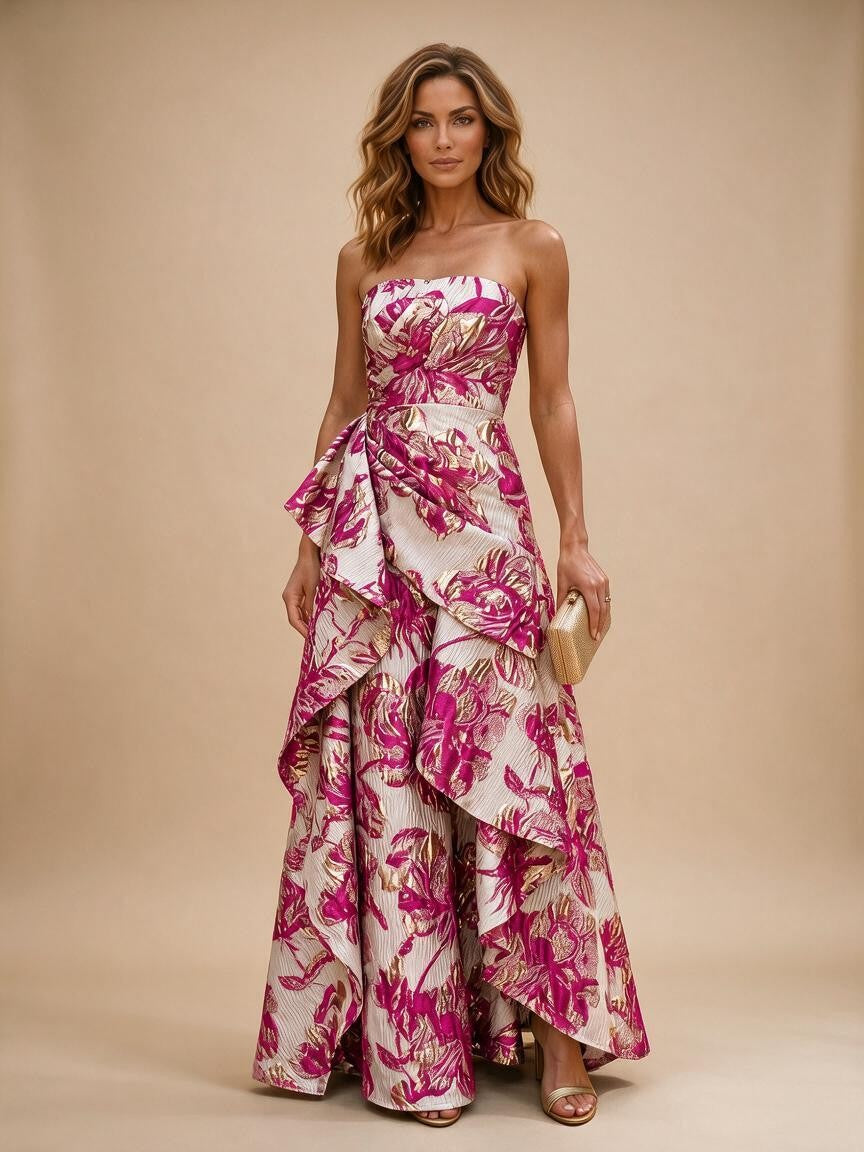 Jacquard A-Line/Princess Strapless Floor-Length Evening Dresses with Ruffles