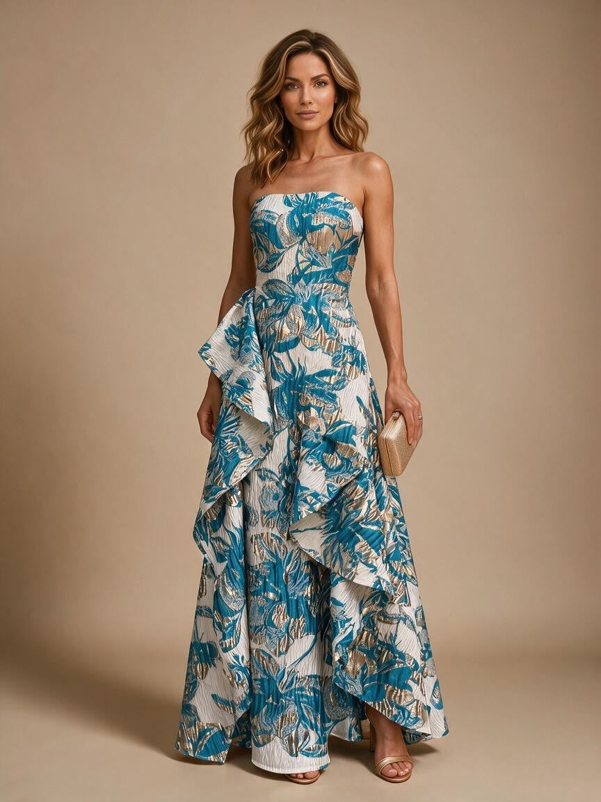 Jacquard A-Line/Princess Strapless Floor-Length Evening Dresses with Ruffles