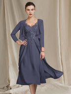 V Neck A Line Princess Tea Length Dresses For Mother Of The Bride